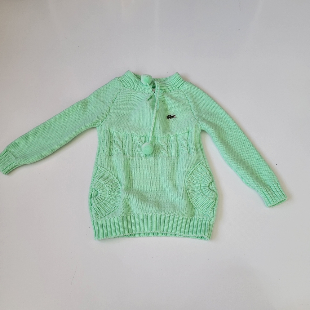 Vintage‎ Lacoste Mint Green Tight Knit Sweater Pom Pom String Girls Eu 7/ 2-3T